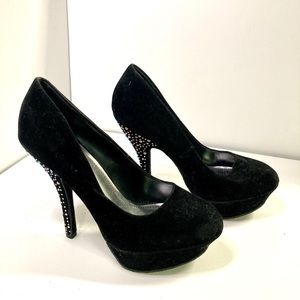 BAMBOO Black Faux Velvet Stilettos Bedazzled Heel